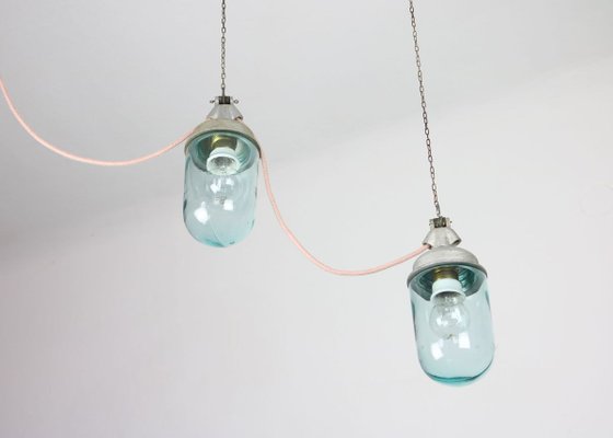 Vintage Industrial Blue Glass and Grey Metal Pendant Lamps, 1950s, Set of 2-HGJ-728084