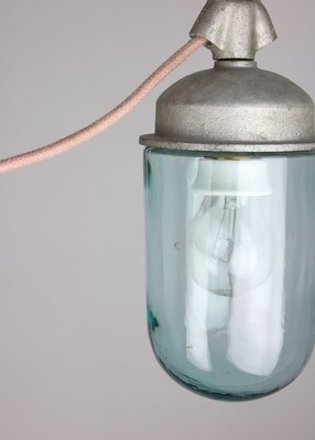 Vintage Industrial Blue Glass and Grey Metal Pendant Lamps, 1950s, Set of 2-HGJ-728084