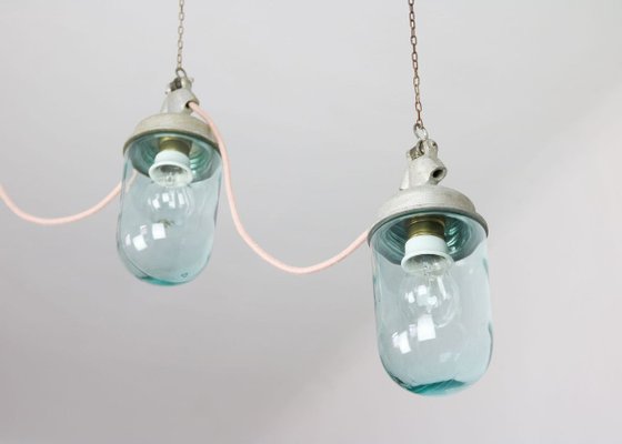 Vintage Industrial Blue Glass and Grey Metal Pendant Lamps, 1950s, Set of 2-HGJ-728084