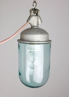 Vintage Industrial Blue Glass and Grey Metal Pendant Lamps, 1950s, Set of 2-HGJ-728084