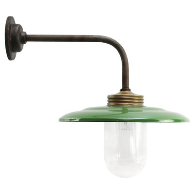 Vintage Industrial Brass and Glass Wall Light in Green Enamel-BLS-1767930