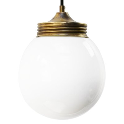 Vintage Industrial Brass & White Opaline Milk Glass Pendant Lamp-BLS-934738