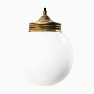 Vintage Industrial Brass & White Opaline Milk Glass Pendant Lamp-BLS-934738