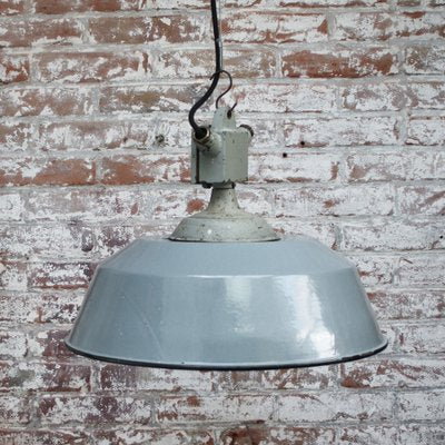 Vintage Industrial Cast Iron and Gray Enamel Pendant Light from Industria Rotterdam-BLS-1705704