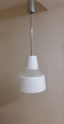 Vintage Industrial Ceiling Lamp with Wavy Frosted Glass Shade on Chrome-Plated Metal Mount by Holophane, 1970s-HOI-1744378