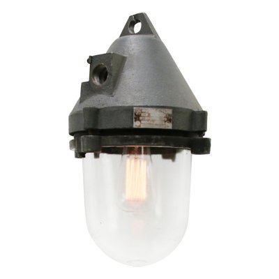 Vintage Industrial Clear Glass & Grey Pendant Light-BLS-1297558