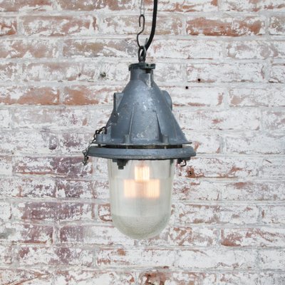 Vintage Industrial Clear Striped Glass & Gray Pendant Light-BLS-1251482