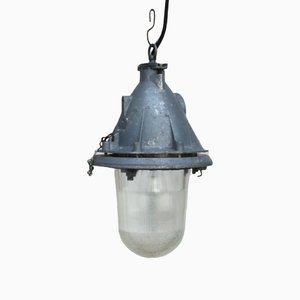 Vintage Industrial Clear Striped Glass & Gray Pendant Light-BLS-1251482