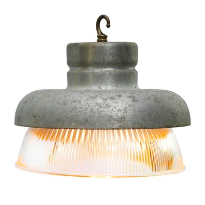 Vintage Industrial Gray Metal and Clear Striped Glass Pendant Lamp from Holophane-BLS-714592