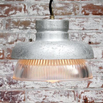 Vintage Industrial Gray Metal and Clear Striped Glass Pendant Lamp from Holophane-BLS-714592