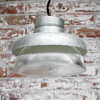 Vintage Industrial Gray Metal and Clear Striped Glass Pendant Lamp from Holophane-BLS-714592