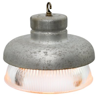 Vintage Industrial Gray Metal and Clear Striped Glass Pendant Lamp from Holophane-BLS-714592