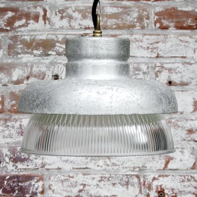 Vintage Industrial Gray Metal and Clear Striped Glass Pendant Lamp from Holophane-BLS-714592