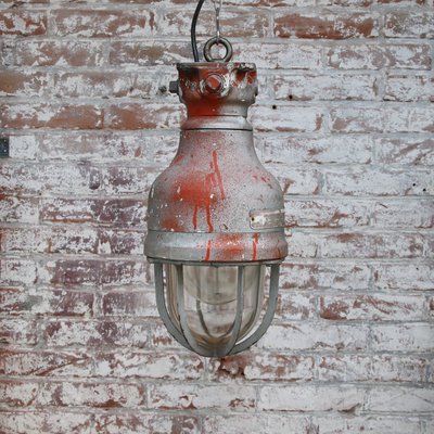 Vintage Industrial Gray Metal & Clear Glass Pendant Lamp by Crouse Hinds-BLS-920154