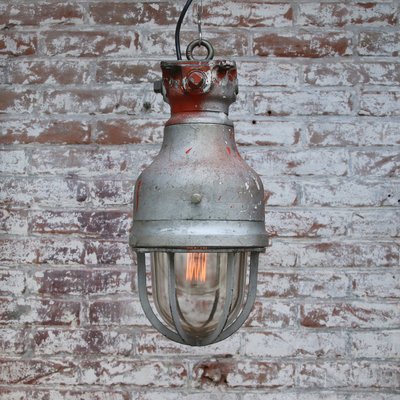 Vintage Industrial Gray Metal & Clear Glass Pendant Lamp by Crouse Hinds-BLS-920154