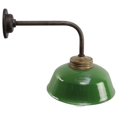 Vintage Industrial Green Enamel, Brass and Clear Striped Glass Wall Light-BLS-1759586