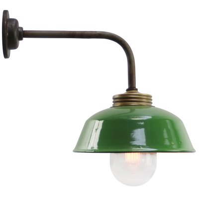 Vintage Industrial Green Enamel, Brass and Clear Striped Glass Wall Light-BLS-1759586