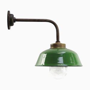 Vintage Industrial Green Enamel, Brass and Clear Striped Glass Wall Light-BLS-1759586