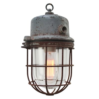 Vintage Industrial Grey Metal & Clear Glass Pendant Light-BLS-1813844