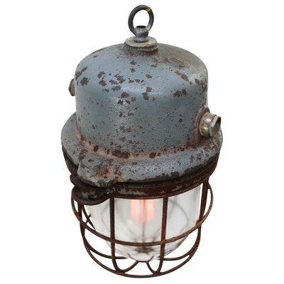 Vintage Industrial Grey Metal & Clear Glass Pendant Light-BLS-1813844