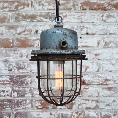 Vintage Industrial Grey Metal & Clear Glass Pendant Light-BLS-1813844