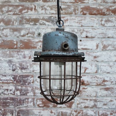 Vintage Industrial Grey Metal & Clear Glass Pendant Light-BLS-1813844