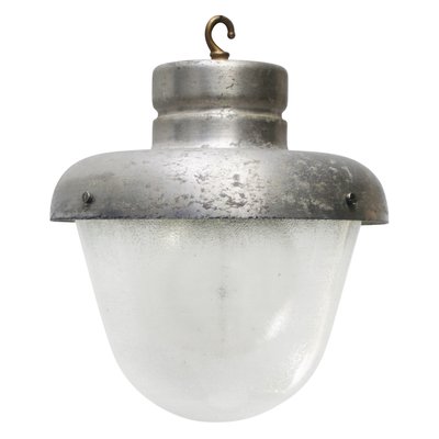 Vintage Industrial Grey Metal & Frosted Glass Pendant Lamp-BLS-2020712