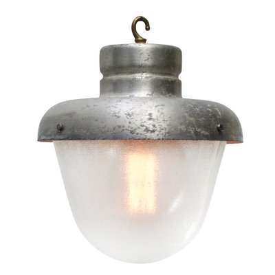 Vintage Industrial Grey Metal & Frosted Glass Pendant Lamp-BLS-2020712