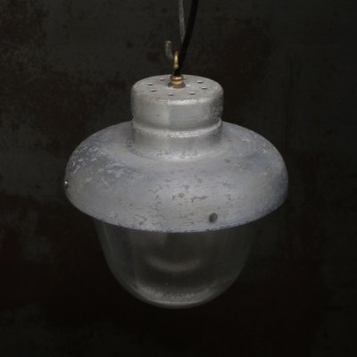 Vintage Industrial Grey Metal & Frosted Glass Pendant Lamp-BLS-2020712