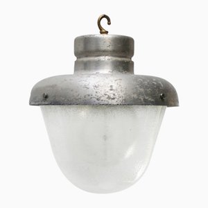 Vintage Industrial Grey Metal & Frosted Glass Pendant Lamp-BLS-2020712