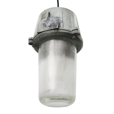 Vintage Industrial Grey Metal & Striped Glass Pendant Lights-BLS-1093339