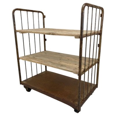 Vintage Industrial Iron and Wood Shelves on Wheels-TZ-1310015