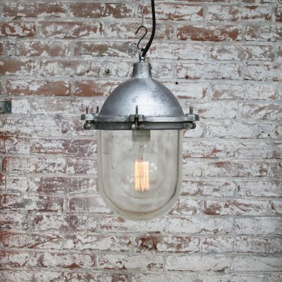 Vintage Industrial Silver Metal and Clear Glass Pendant Light-BLS-1419435