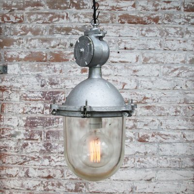 Vintage Industrial Silver Metal and Clear Glass Pendant Lights, 1950s-BLS-1393709