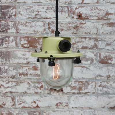 Vintage Industrial Yellow Metal and Clear Glass Pendant Light-BLS-1048668