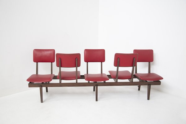 Vintage Italian Bench with 5 Red Leather Seats-RCE-1328859