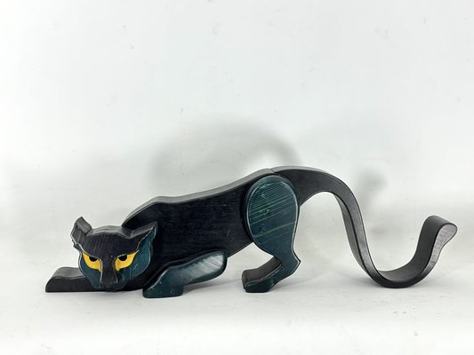 Vintage Italian Black Panther Sculpture in Thick Wood, Italy, 1980s-OT-1822146