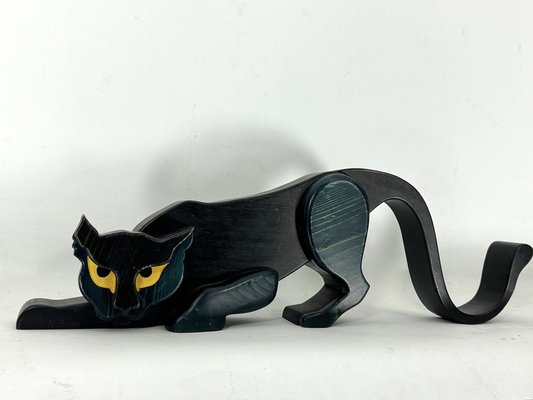 Vintage Italian Black Panther Sculpture in Thick Wood, Italy, 1980s-OT-1822146