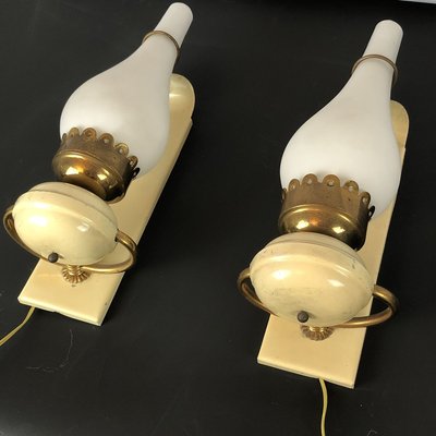 Vintage Italian Brass and Opaline Sconces, 1950s, Set of 2-OT-829903