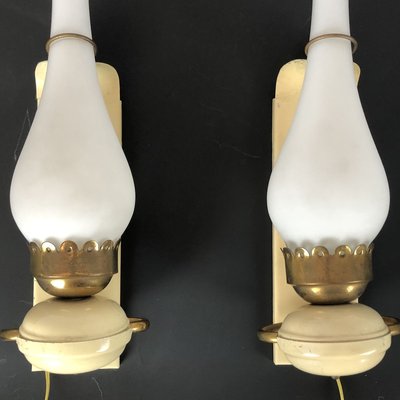 Vintage Italian Brass and Opaline Sconces, 1950s, Set of 2-OT-829903