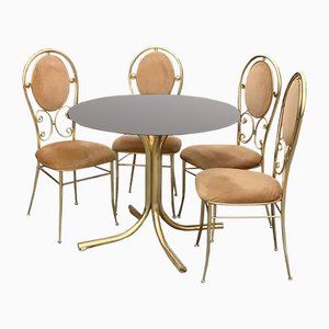 Vintage Italian Brass Dining Chairs and Table by Paolo Salice, 1970s, Set of 5-OXJ-1169722