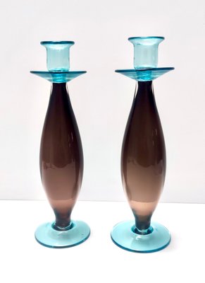 Vintage Italian Candleholders in Brown and Aquamarine Murano Glass, 1980s, Set of 2-JPQ-2027163