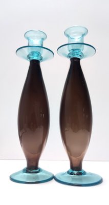 Vintage Italian Candleholders in Brown and Aquamarine Murano Glass, 1980s, Set of 2-JPQ-2027163