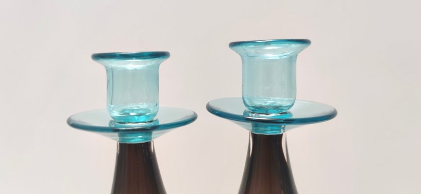 Vintage Italian Candleholders in Brown and Aquamarine Murano Glass, 1980s, Set of 2-JPQ-2027163