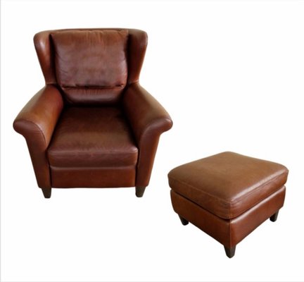 Vintage Italian Chair and Footstool in Leather, Set of 2-ITF-2021962