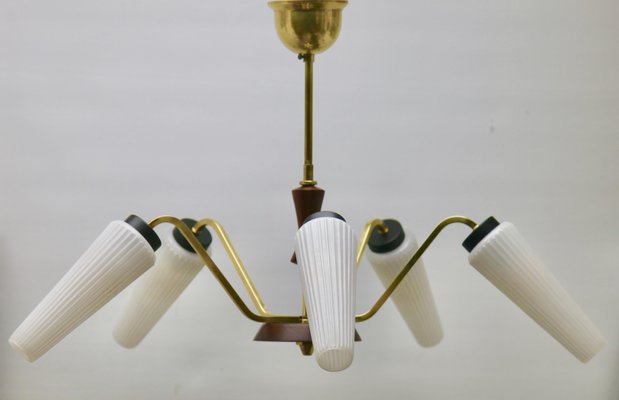 Vintage Italian Chandelier with Five Arms and Wooden Details from Stilnovo, 1960s-MJY-1150400