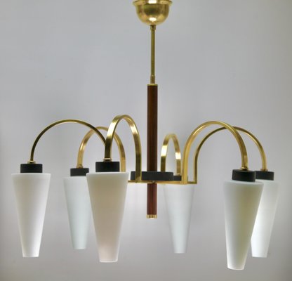 Vintage Italian Chandelier with Six Arms and Wooden Details from Stilnovo, 1960s-MJY-1150402