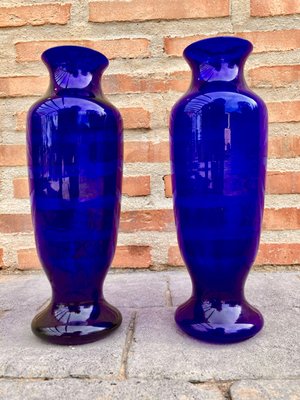 Vintage Italian Cobalt Blue Murano Glass Vases, Set of 2-NOU-928938