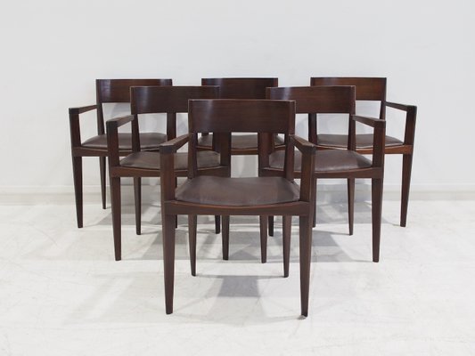 Vintage Italian Dark Brown Wood and Faux Leather Dining Chairs, 1960s, Set of 6-ZYF-2028125