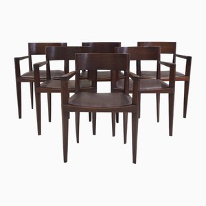 Vintage Italian Dark Brown Wood and Faux Leather Dining Chairs, 1960s, Set of 6-ZYF-2028125